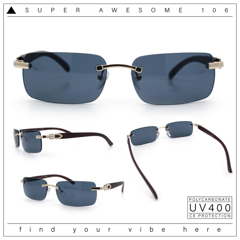 Rimless Luxury Narrow Rectangle Woodbuff Arm Fashion Sunglasses