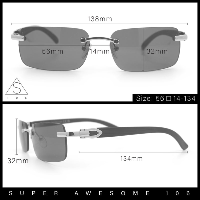 Rimless Luxury Narrow Rectangle Woodbuff Arm Fashion Sunglasses