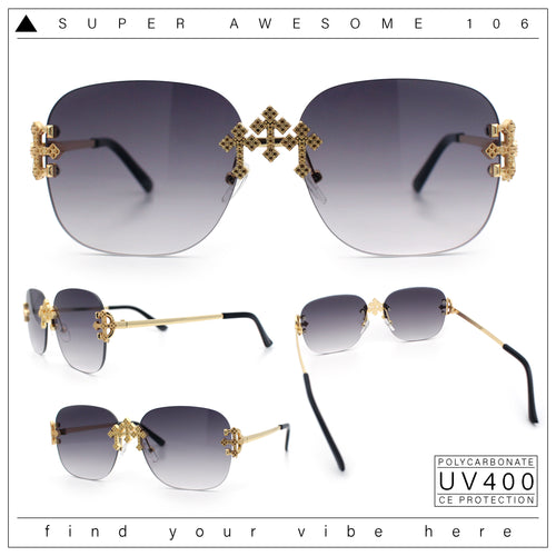 Womens Crucifix Cross Bling Rimless Rectangular Metal Frame Sunglasses