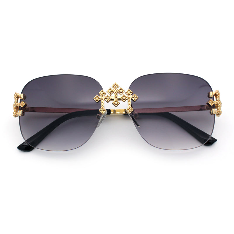 Womens Crucifix Cross Bling Rimless Rectangular Metal Frame Sunglasses