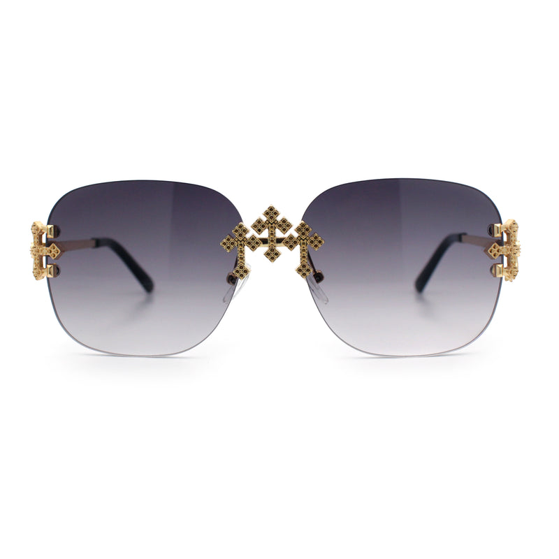 Womens Crucifix Cross Bling Rimless Rectangular Metal Frame Sunglasses