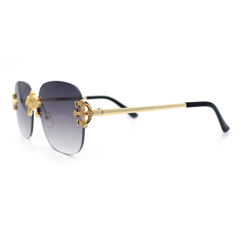 Womens Crucifix Cross Bling Rimless Rectangular Metal Frame Sunglasses