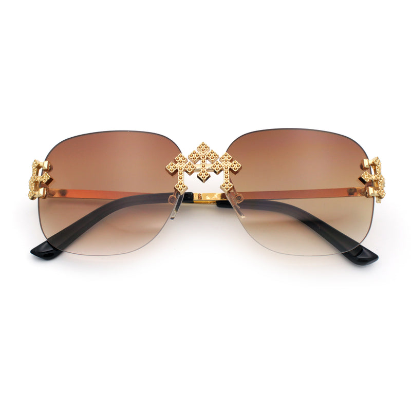 Womens Crucifix Cross Bling Rimless Rectangular Metal Frame Sunglasses