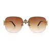 Womens Crucifix Cross Bling Rimless Rectangular Metal Frame Sunglasses