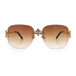 Womens Crucifix Cross Bling Rimless Rectangular Metal Frame Sunglasses