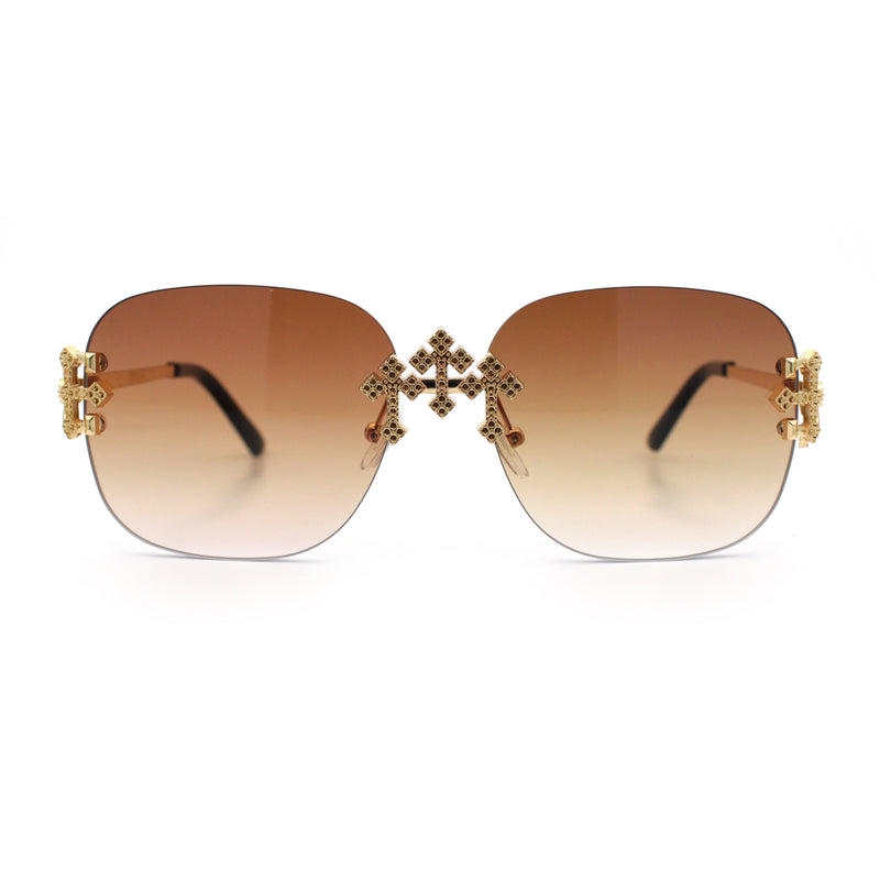 Womens Crucifix Cross Bling Rimless Rectangular Metal Frame Sunglasses