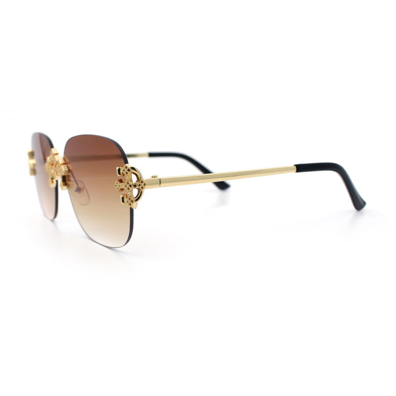 Womens Crucifix Cross Bling Rimless Rectangular Metal Frame Sunglasses