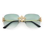 Womens Crucifix Cross Bling Rimless Rectangular Metal Frame Sunglasses