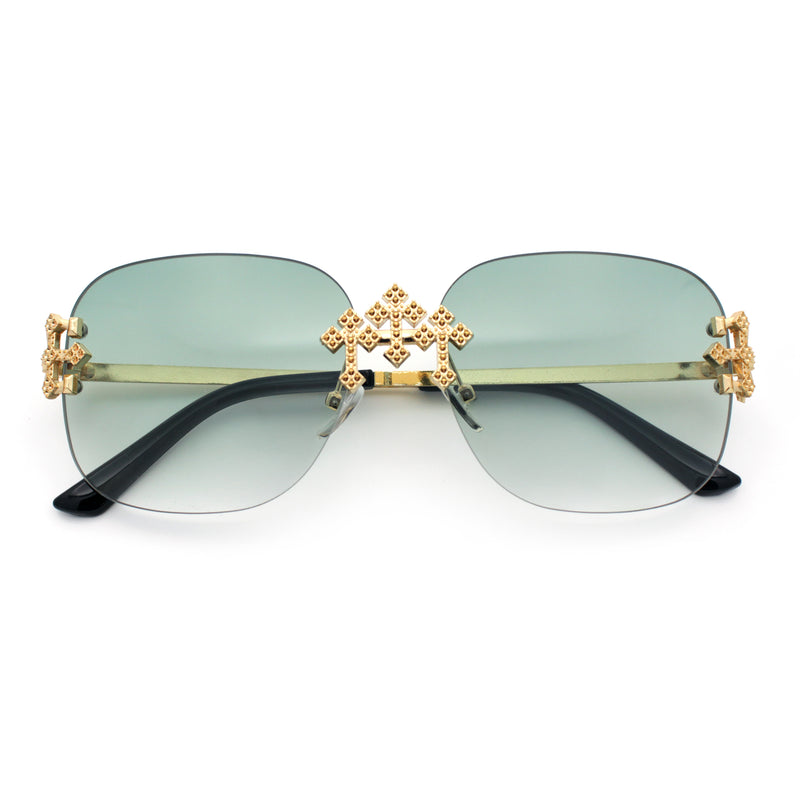 Womens Crucifix Cross Bling Rimless Rectangular Metal Frame Sunglasses