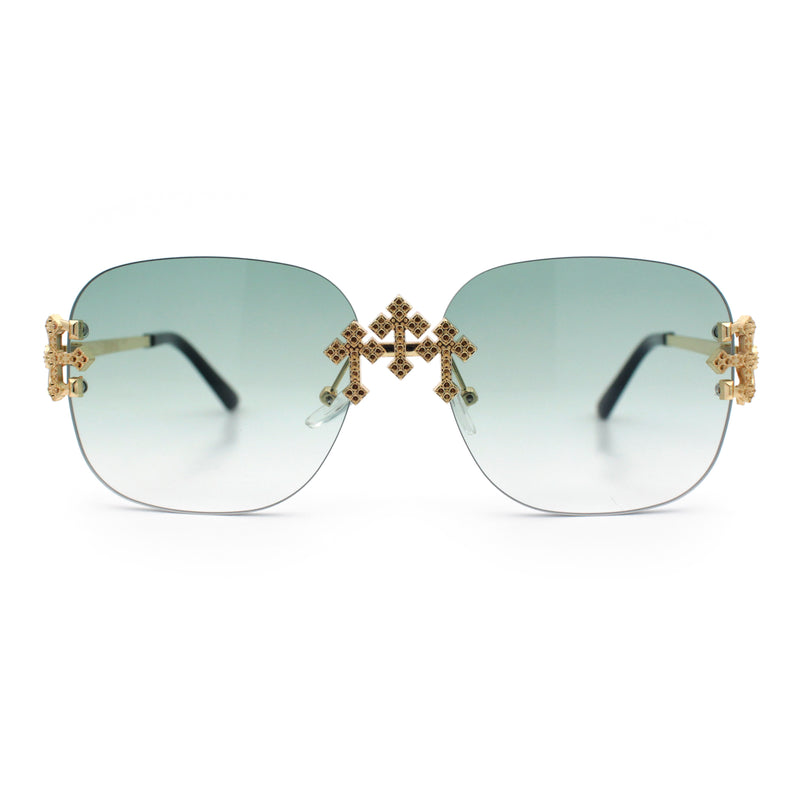 Womens Crucifix Cross Bling Rimless Rectangular Metal Frame Sunglasses