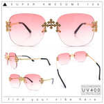 Womens Crucifix Cross Bling Rimless Rectangular Metal Frame Sunglasses