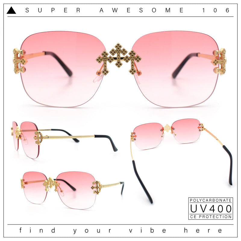 Womens Crucifix Cross Bling Rimless Rectangular Metal Frame Sunglasses