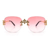Womens Crucifix Cross Bling Rimless Rectangular Metal Frame Sunglasses