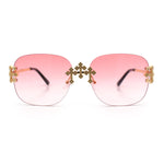 Womens Crucifix Cross Bling Rimless Rectangular Metal Frame Sunglasses