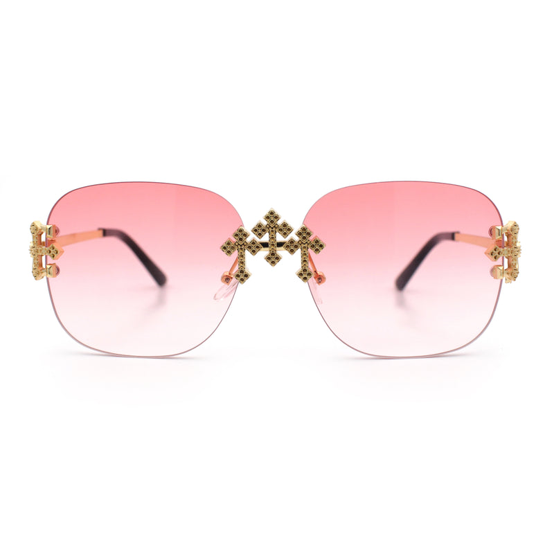 Womens Crucifix Cross Bling Rimless Rectangular Metal Frame Sunglasses