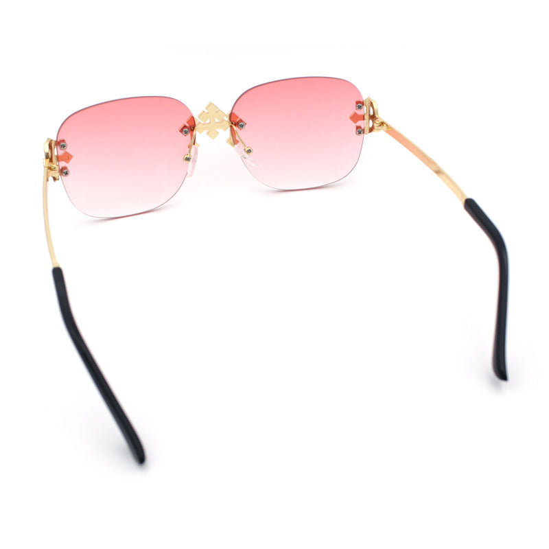 Womens Crucifix Cross Bling Rimless Rectangular Metal Frame Sunglasses