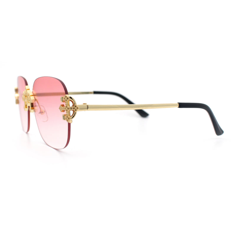 Womens Crucifix Cross Bling Rimless Rectangular Metal Frame Sunglasses