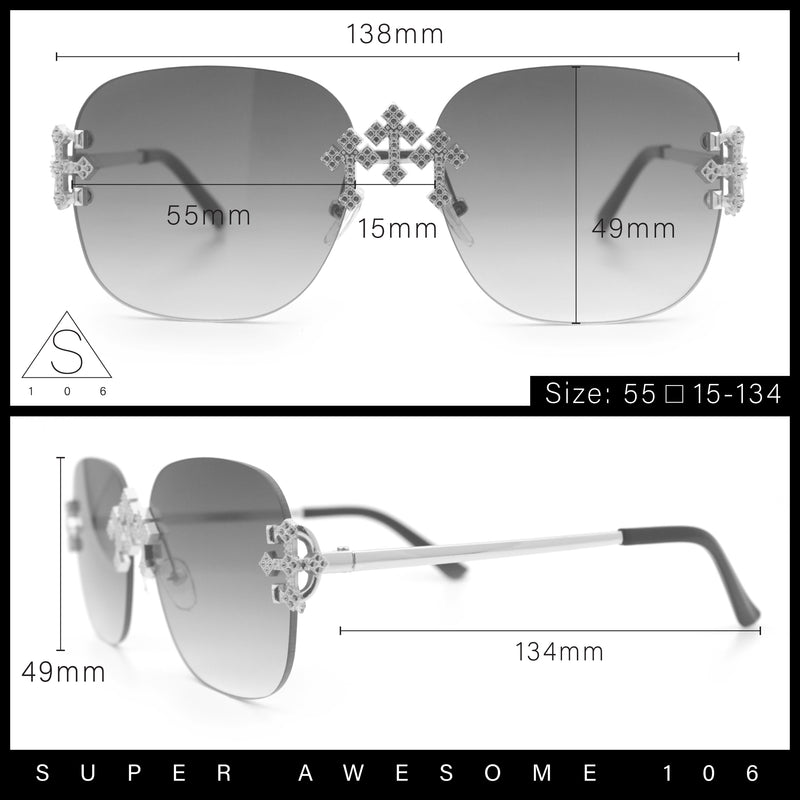 Womens Crucifix Cross Bling Rimless Rectangular Metal Frame Sunglasses