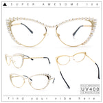 Womens Luxe Pearl Jewel Trim Classic Cat Eye Metal Rim Sunglasses