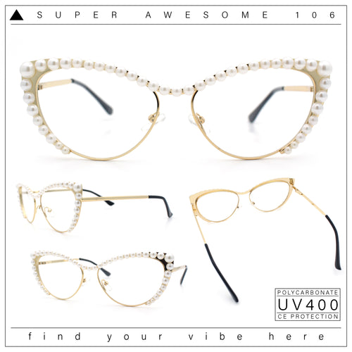 Womens Luxe Pearl Jewel Trim Classic Cat Eye Metal Rim Sunglasses