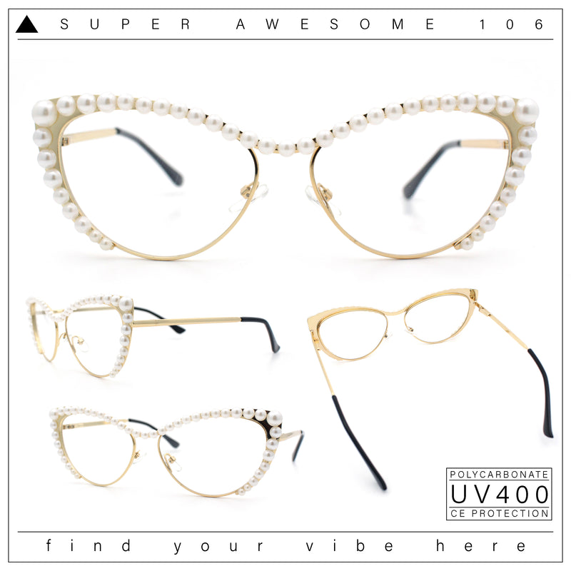 Womens Luxe Pearl Jewel Trim Classic Cat Eye Metal Rim Sunglasses