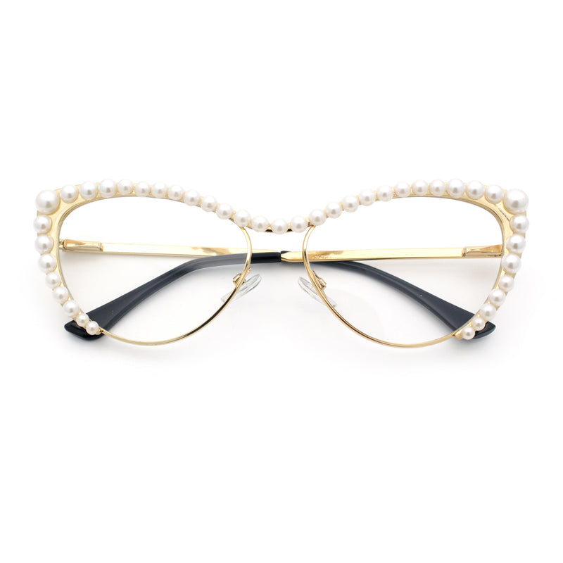 Womens Luxe Pearl Jewel Trim Classic Cat Eye Metal Rim Sunglasses