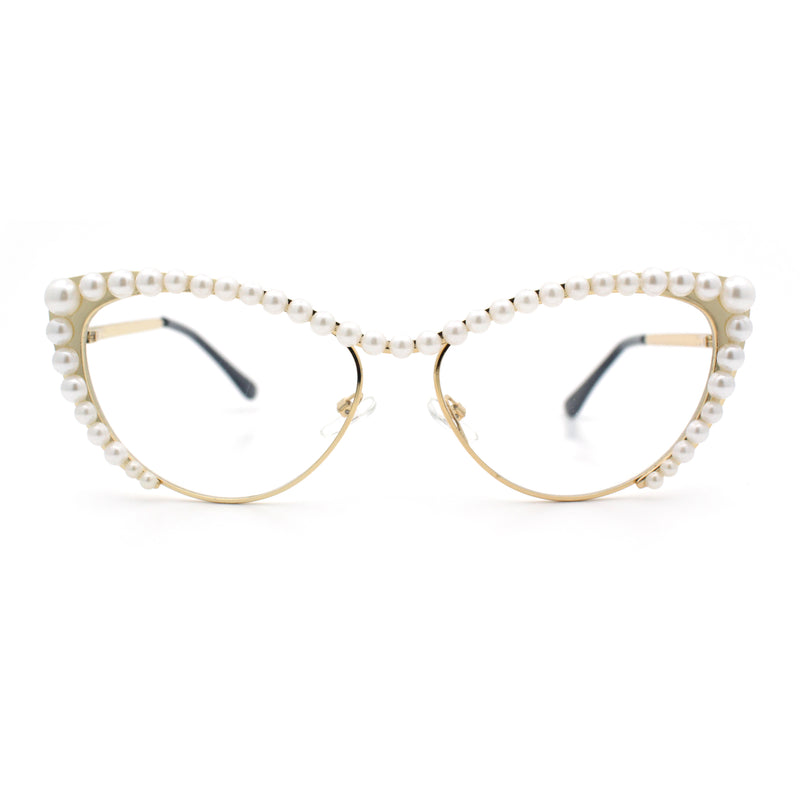 Womens Luxe Pearl Jewel Trim Classic Cat Eye Metal Rim Sunglasses