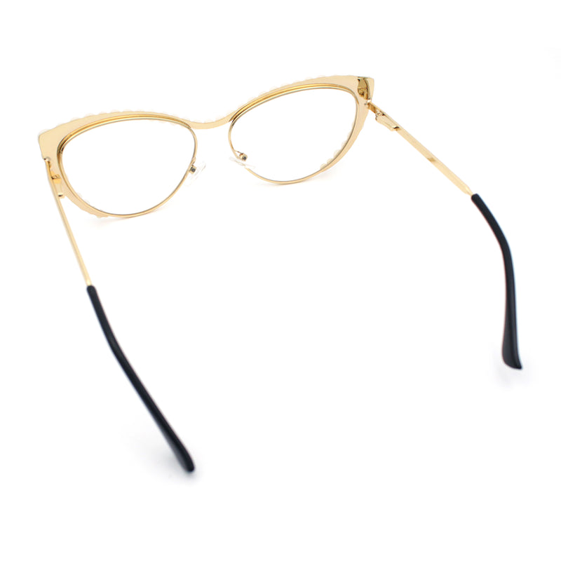 Womens Luxe Pearl Jewel Trim Classic Cat Eye Metal Rim Sunglasses