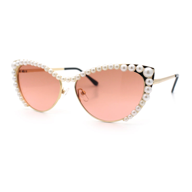 Womens Luxe Pearl Jewel Trim Classic Cat Eye Metal Rim Sunglasses