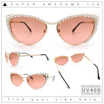 Womens Luxe Pearl Jewel Trim Classic Cat Eye Metal Rim Sunglasses