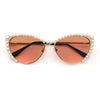 Womens Luxe Pearl Jewel Trim Classic Cat Eye Metal Rim Sunglasses