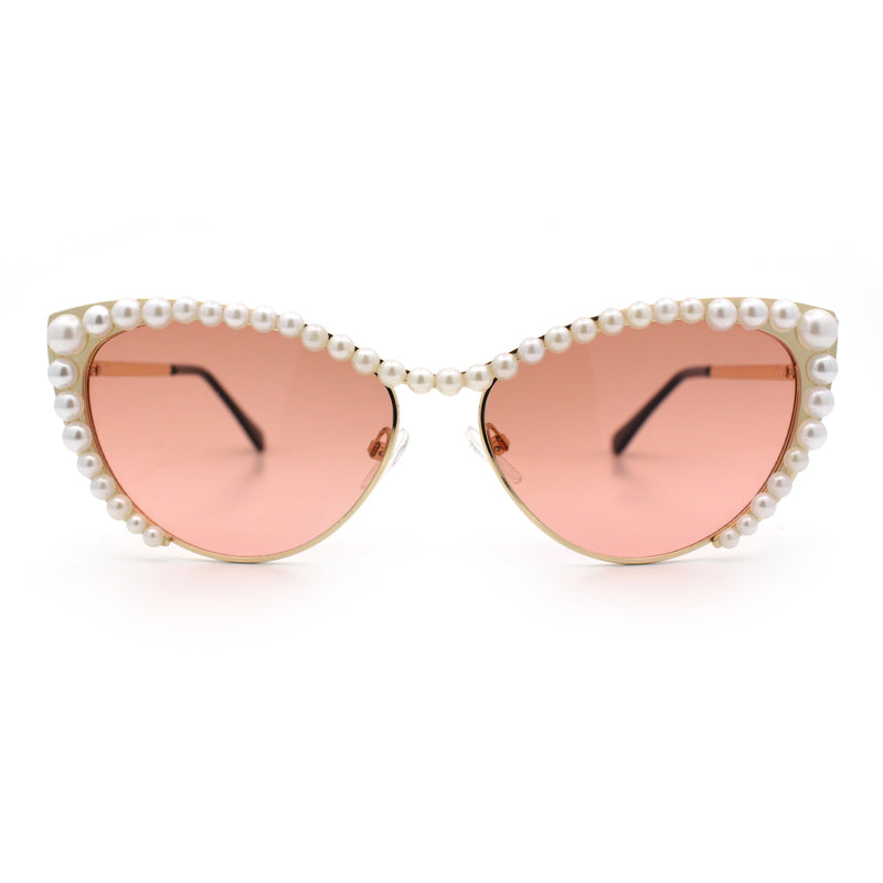 Womens Luxe Pearl Jewel Trim Classic Cat Eye Metal Rim Sunglasses