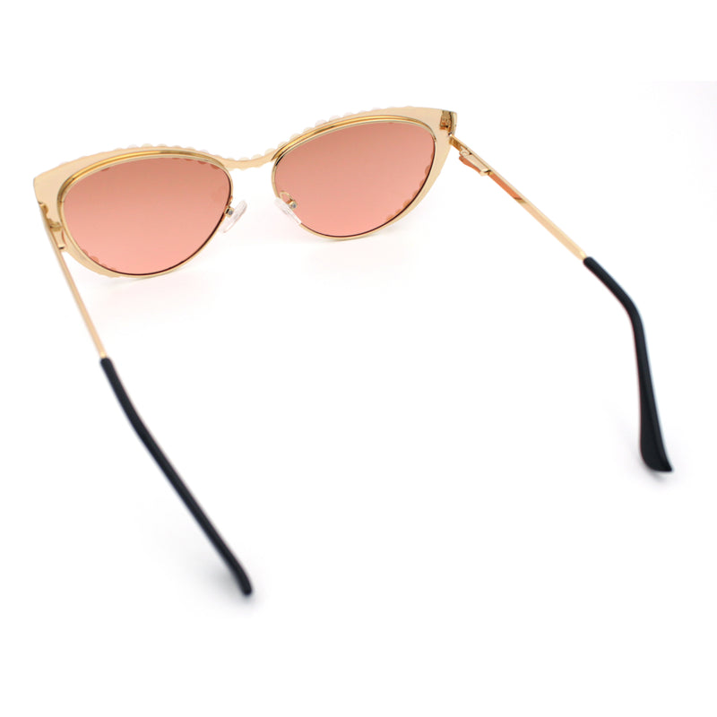 Womens Luxe Pearl Jewel Trim Classic Cat Eye Metal Rim Sunglasses