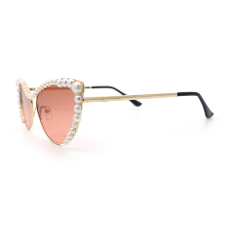 Womens Luxe Pearl Jewel Trim Classic Cat Eye Metal Rim Sunglasses