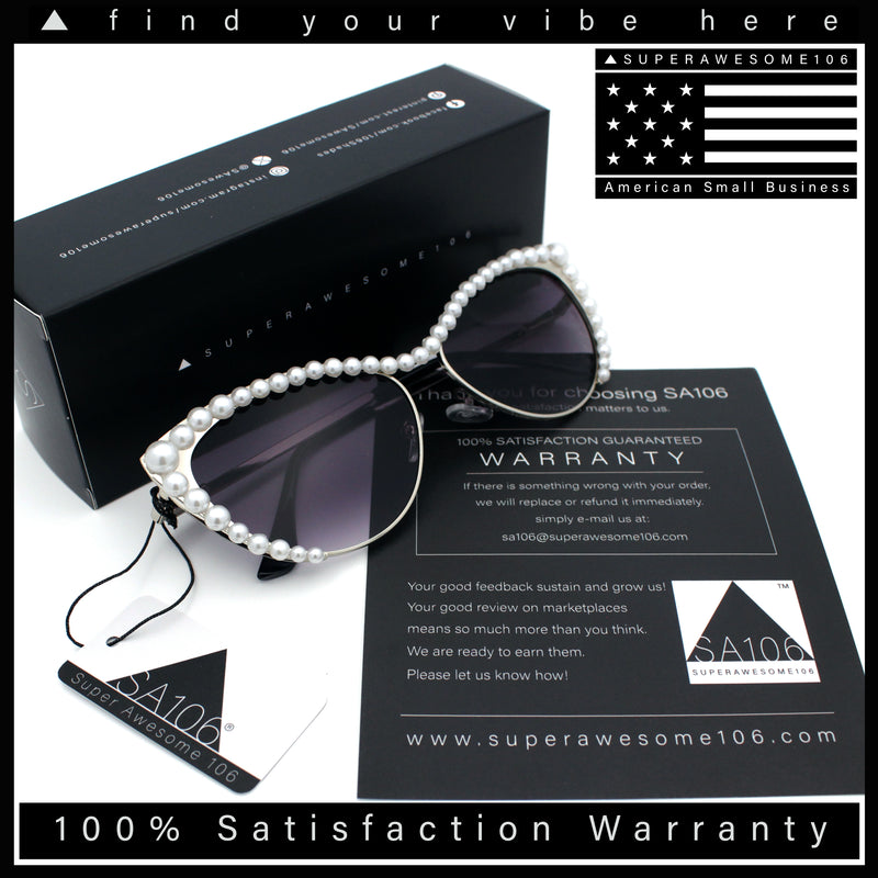 Womens Luxe Pearl Jewel Trim Classic Cat Eye Metal Rim Sunglasses