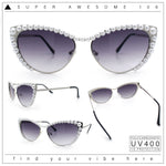 Womens Luxe Pearl Jewel Trim Classic Cat Eye Metal Rim Sunglasses