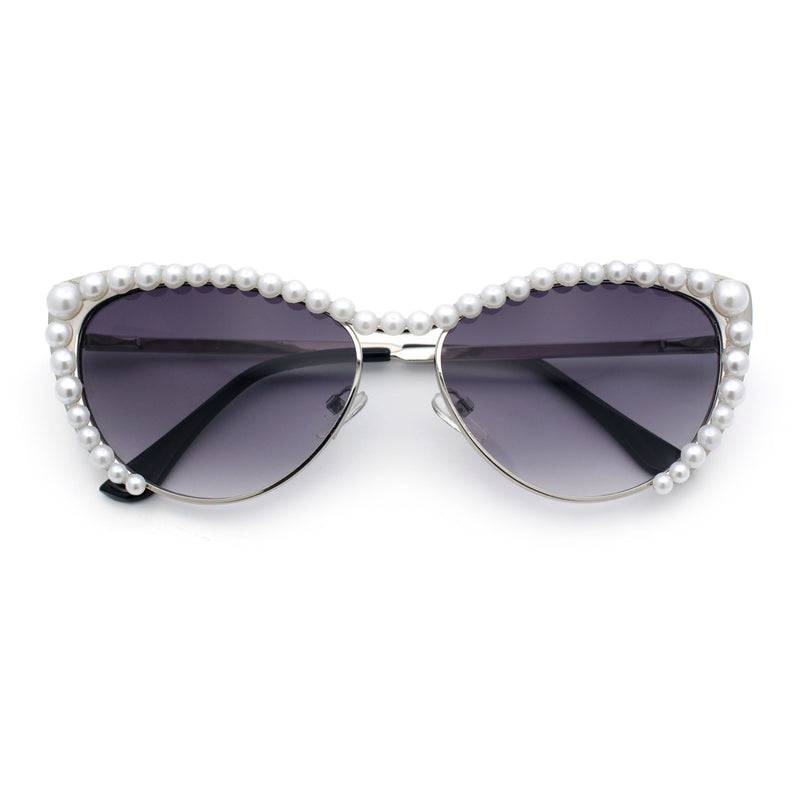 Womens Luxe Pearl Jewel Trim Classic Cat Eye Metal Rim Sunglasses