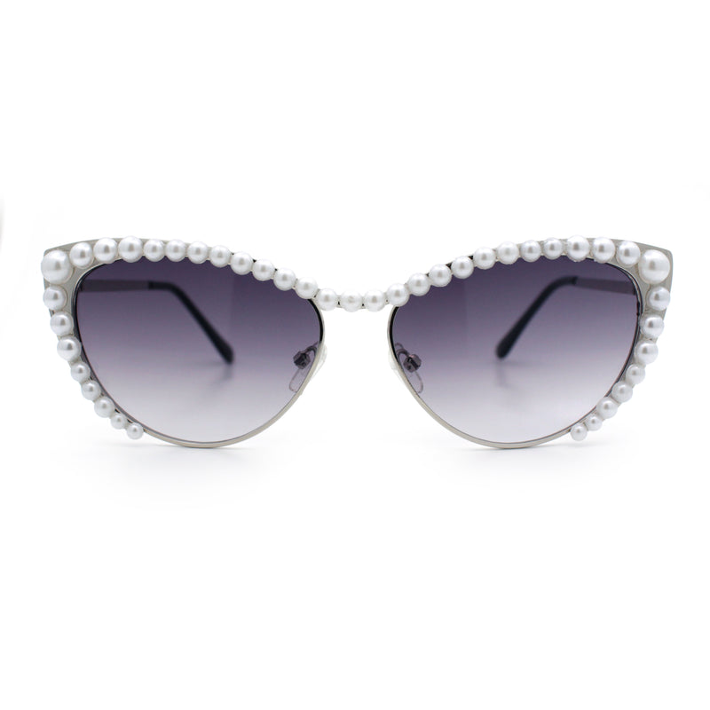 Womens Luxe Pearl Jewel Trim Classic Cat Eye Metal Rim Sunglasses