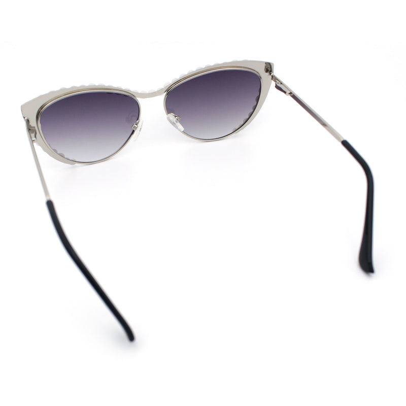 Womens Luxe Pearl Jewel Trim Classic Cat Eye Metal Rim Sunglasses