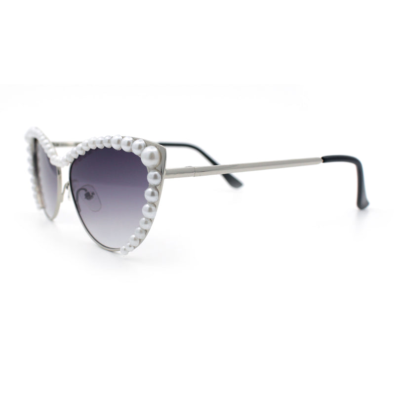 Womens Luxe Pearl Jewel Trim Classic Cat Eye Metal Rim Sunglasses