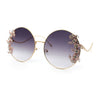 Fancy Rhinestone Floral Trim Round Circle Lens Wavy Arm Sunglasses