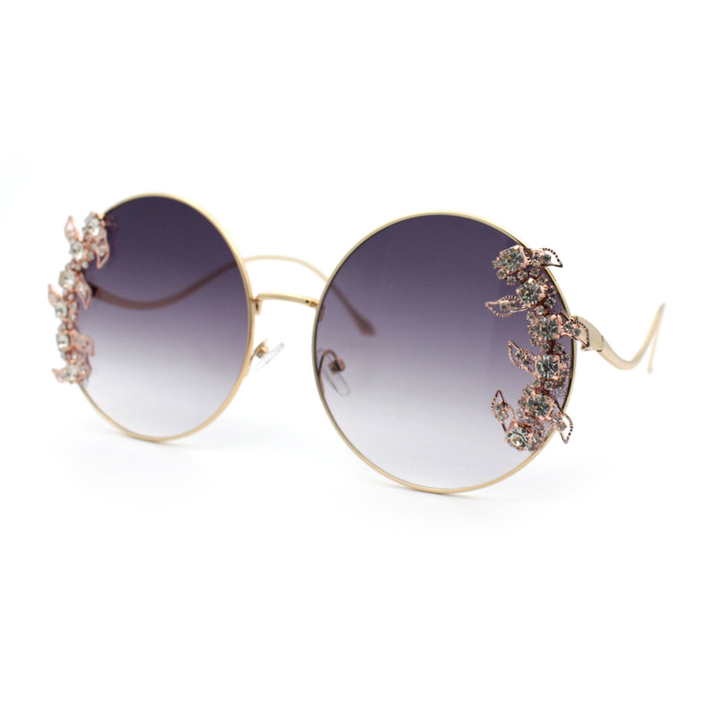 Fancy Rhinestone Floral Trim Round Circle Lens Wavy Arm Sunglasses