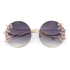 Fancy Rhinestone Floral Trim Round Circle Lens Wavy Arm Sunglasses
