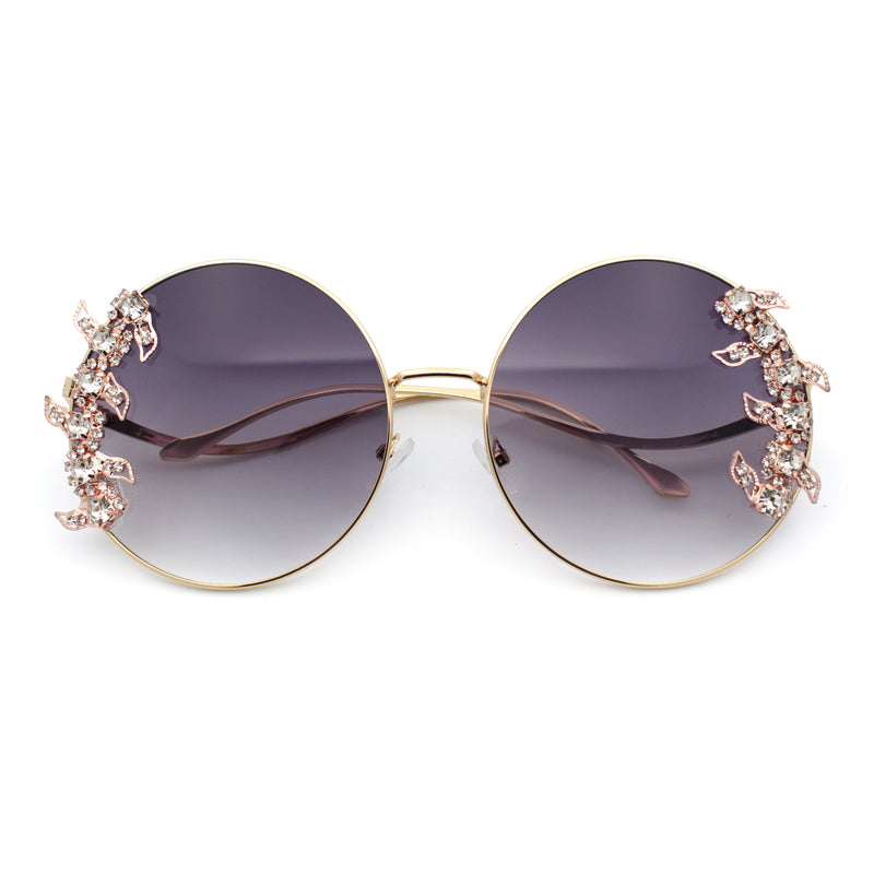 Fancy Rhinestone Floral Trim Round Circle Lens Wavy Arm Sunglasses
