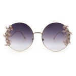 Fancy Rhinestone Floral Trim Round Circle Lens Wavy Arm Sunglasses