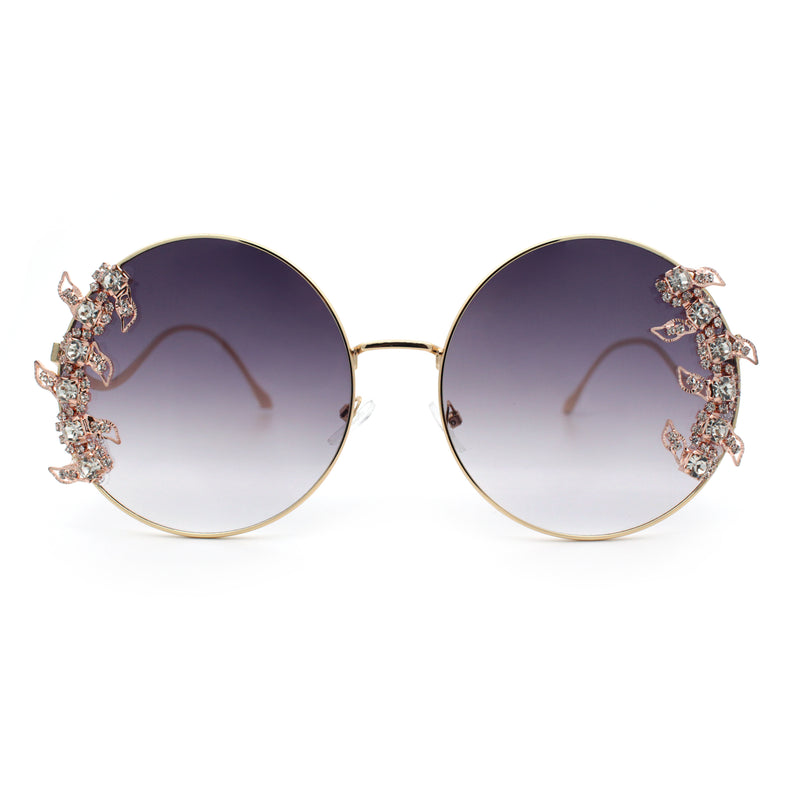 Fancy Rhinestone Floral Trim Round Circle Lens Wavy Arm Sunglasses