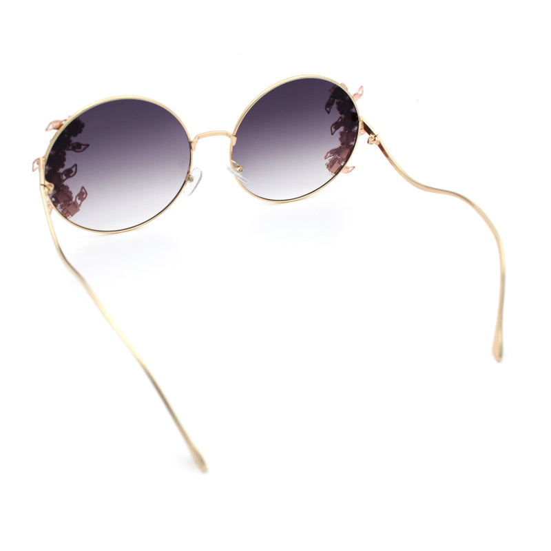 Fancy Rhinestone Floral Trim Round Circle Lens Wavy Arm Sunglasses