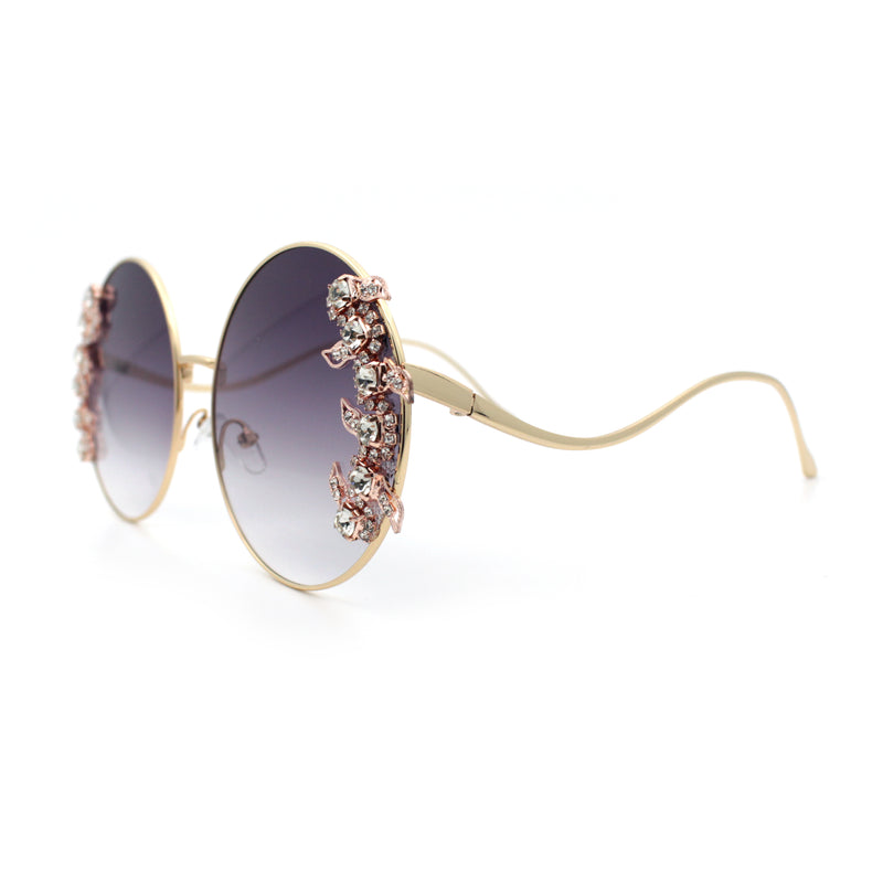 Fancy Rhinestone Floral Trim Round Circle Lens Wavy Arm Sunglasses
