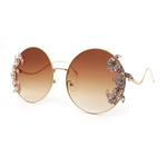 Fancy Rhinestone Floral Trim Round Circle Lens Wavy Arm Sunglasses