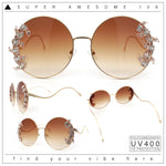 Fancy Rhinestone Floral Trim Round Circle Lens Wavy Arm Sunglasses
